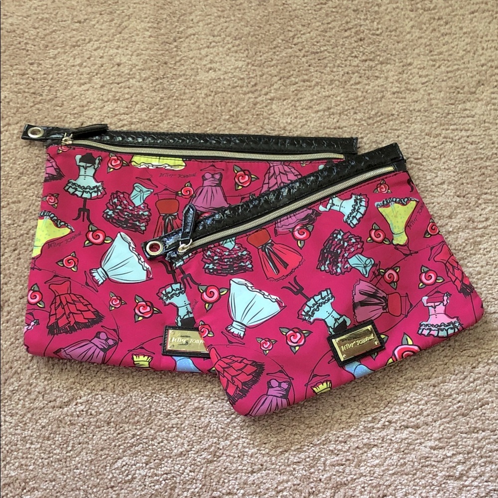 Betsey Johnson Pink Fashion Print Cosmetic Bag Set- set of 2